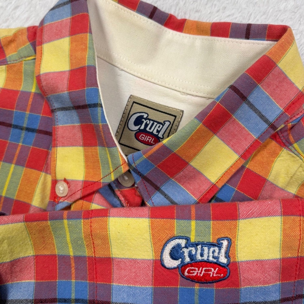 VTG 90s Cruel Girl Button Shirt Women S Multicolor Plaid‎ Western Long Slv Logo